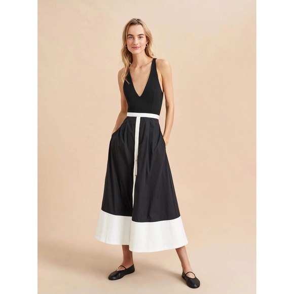 LA LIGNE Bardot Black White Contrast Midi Dress Sleeveless Tie Detail Size 6
